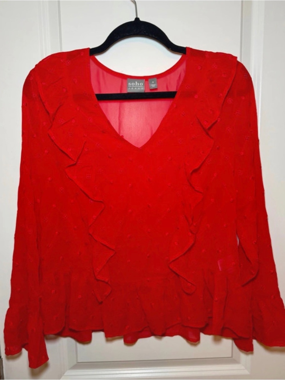 Soho Vibrant Red Ruffle V-Neck Blouse